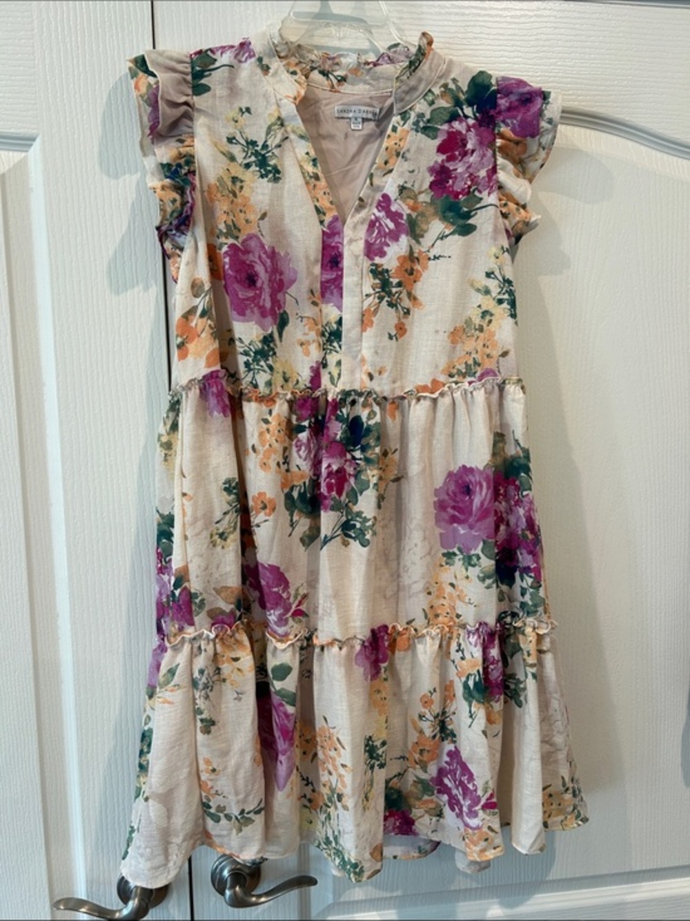 Sandra Darren Floral Mini Dress in Cream with Green, Orange & Purple